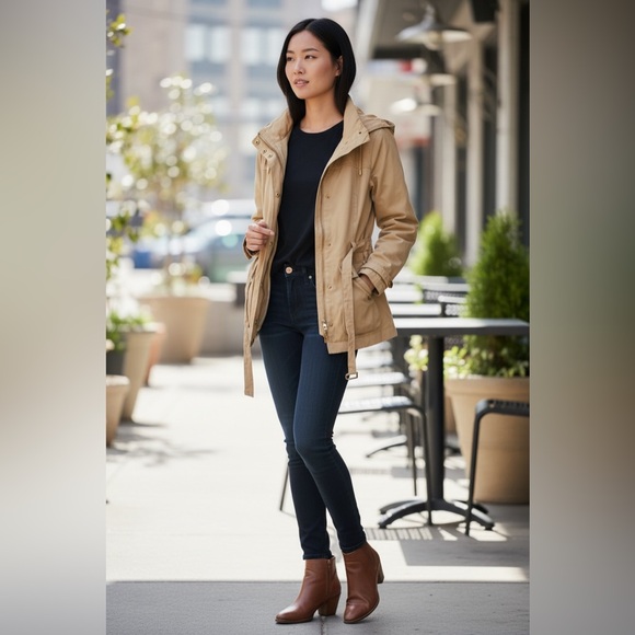 Ever New Beige Utility Jacket Hooded Belted Safari Jacket Size 12 - Picture 2 of 10